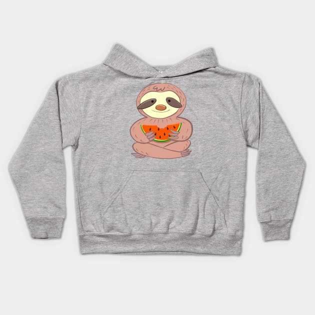 Sloth sitting and eating watermelo Kids Hoodie by duxpavlic